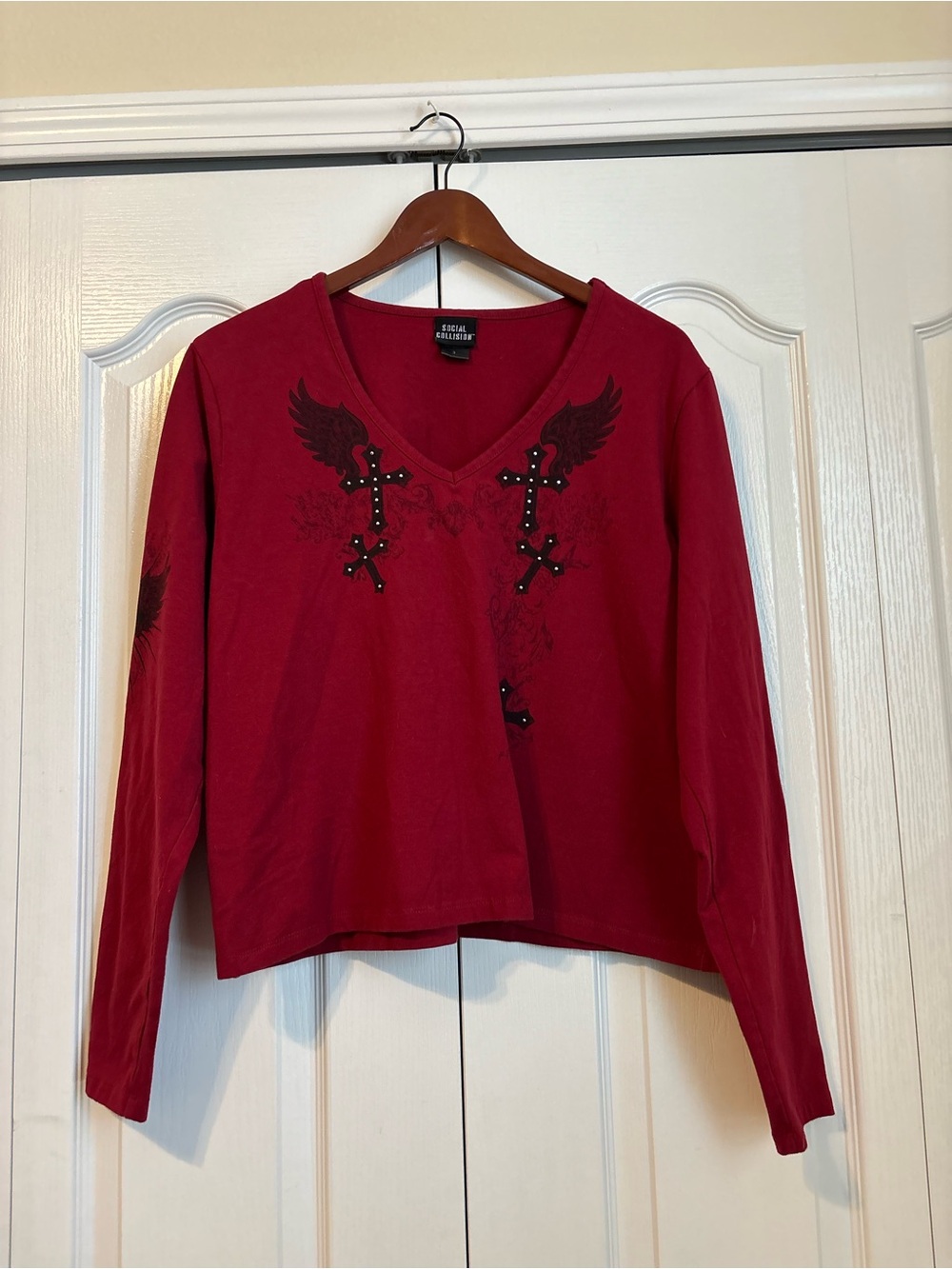 Social Collisions Red V-Neck Long Sleeve Top with Studded Cross Design